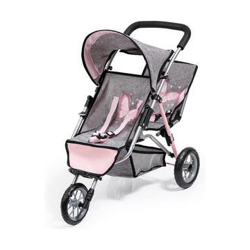 Carrito para Muñecas Reig Jogger Gemelar Gris Rosa Ruedas x 3